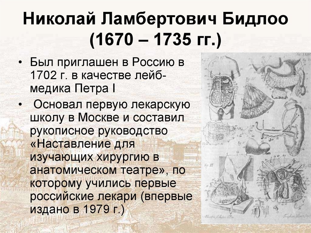 Основание идеи. Бидлоо Николай Ламбертович (1670 – 1735). Николай Ламбертович Бидлоо вклад в медицину. Лейб-медик Николай Бидлоо. Бидлоо достижения в медицине.