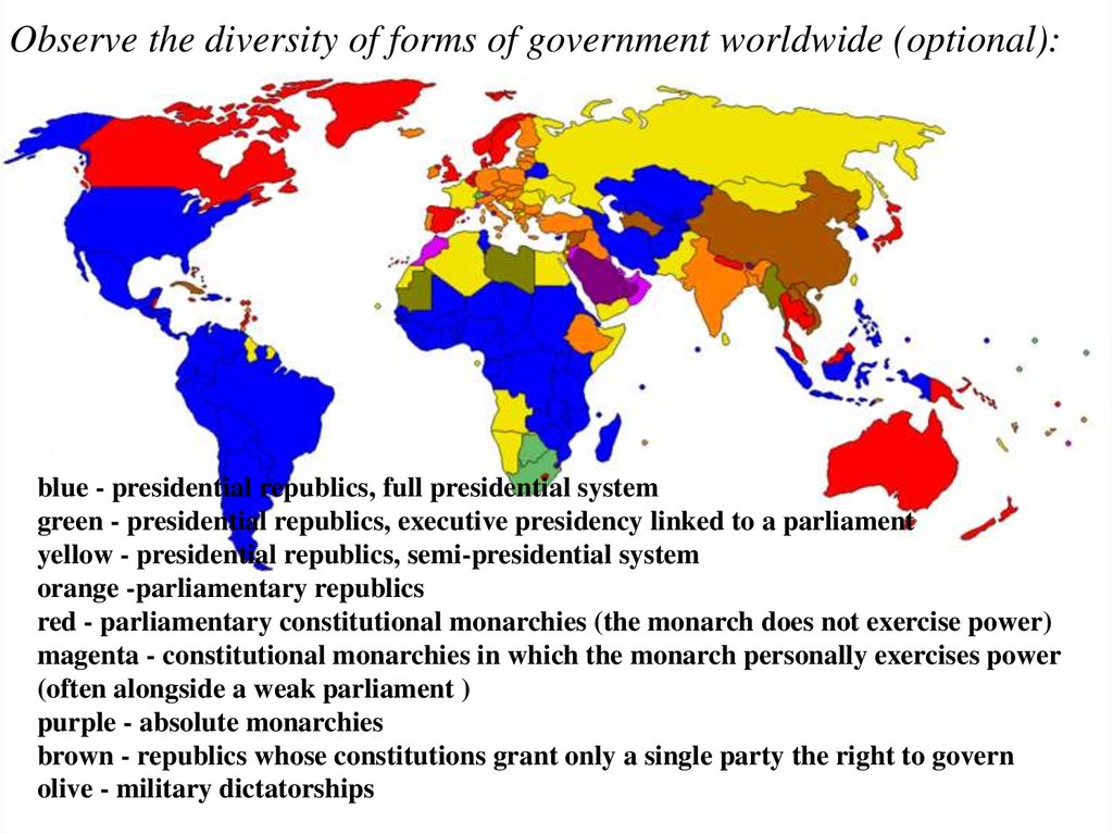 Observe the diversity of forms of government worldwide (optional):