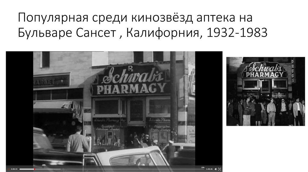 Популярная среди кинозвёзд аптека на Бульваре Сансет , Калифорния, 1932-1983