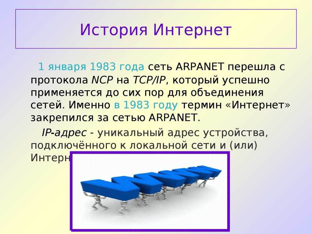 Термин года. ARPANET перешла с протокола NCP на TCP/IP. 1 Января 1983 года сеть ARPANET перешла с протокола NCP на TCP/IP. Переход сети ARPANET С протокола NCP на TCP/IP.. Почему в 1983 году сеть разделили.