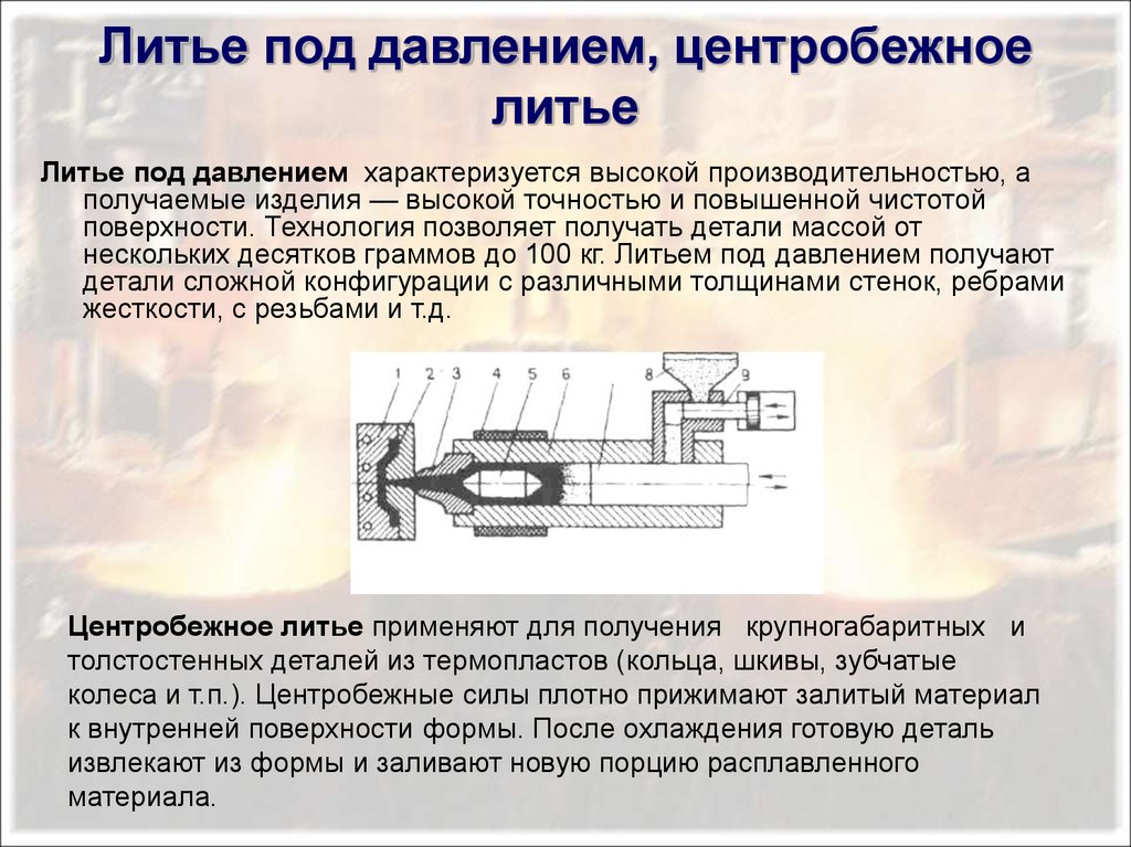 Литье высокого давления. Литье под давлением и центробежное литье. Технологический процесс литья под давлением. Литье под давлением и центробежное литье. - Вакуумное литье.. Литье под давлением композиционных материалов.