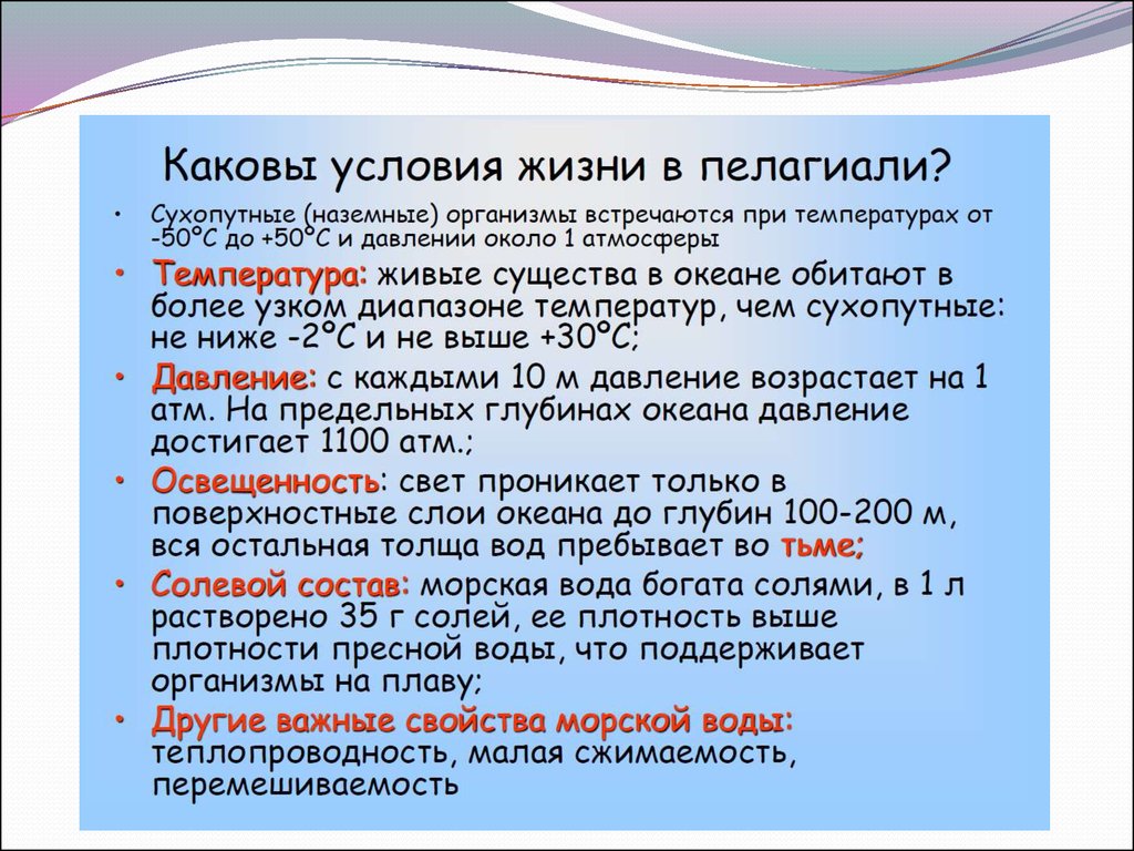 Солевой состав океана. Представители пелагиаля. Электролитный состав водных секторов. Эпипелагиаль. Каковы условия жизнибиоюка.