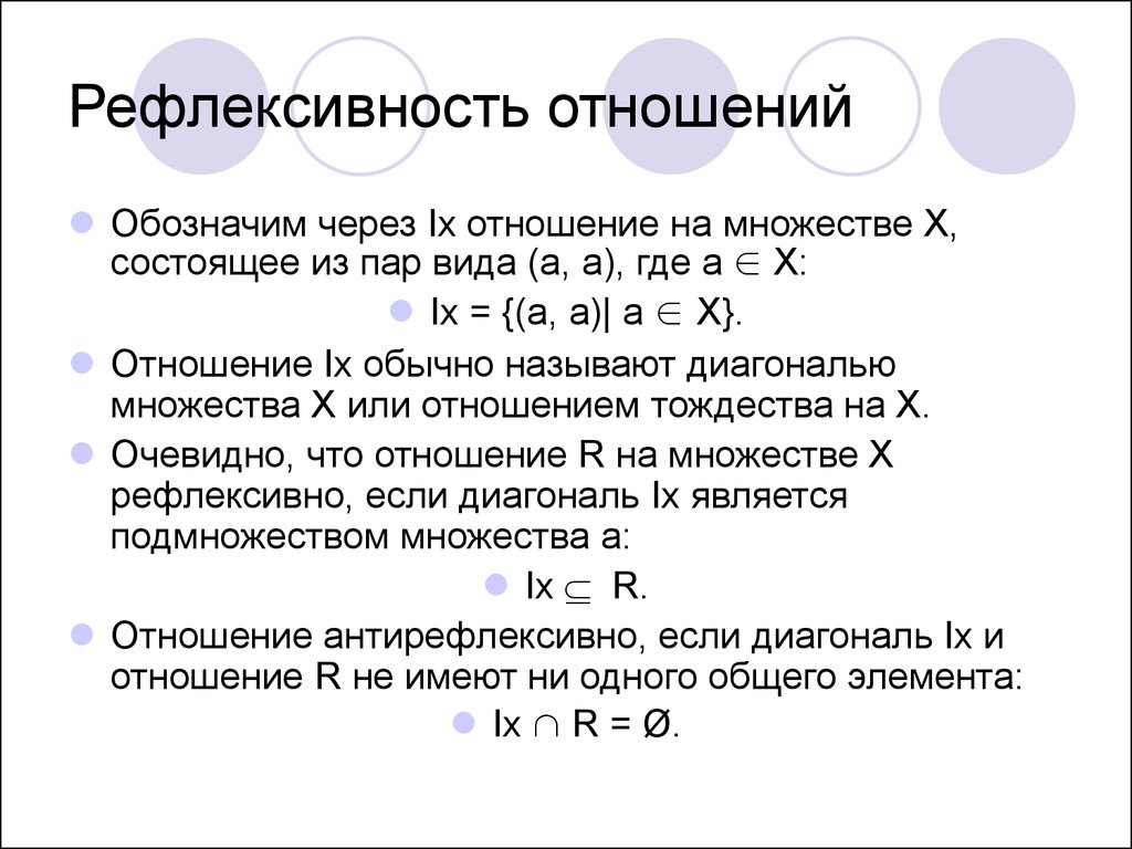 Отношение 10. Рефлексивное отношение множеств. Рефлексивное бинарное отношение. Пример рефлексивного бинарного отношения. Антирефлексивные бинарные отношения.