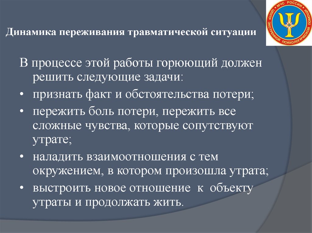 Причины горя. Динамика процессов переживания. Переживания травматической ситуации. Этапы переживания травматической ситуации. Фазы динамики переживания травматической ситуации.