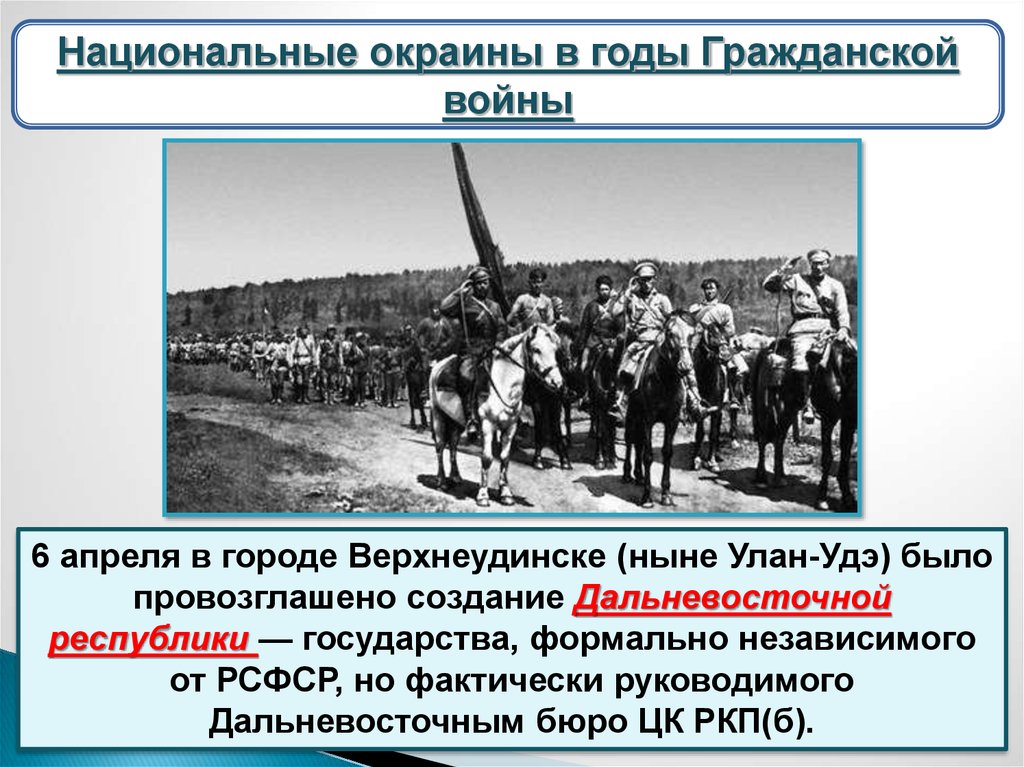 В каком году была гражданская. Национальные окраины в годы гражданской войны. Дальневосточная Республика в годы гражданской войны. Провозглашение Дальневосточной Республики город. Гражданская война годы.