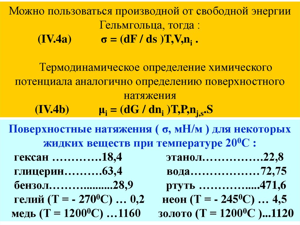 Энергия гельмгольца. Производные энергии Гельмгольца. Производная химического потенциала. Производная свободной энергии. Термодинамическое определение поверхностного натяжения.