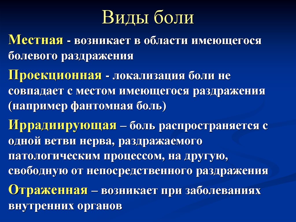 Иррадиирующая боль. Виды боли. Проекционные и отраженные боли. Отраженная и проецированная боль. Местная боль.