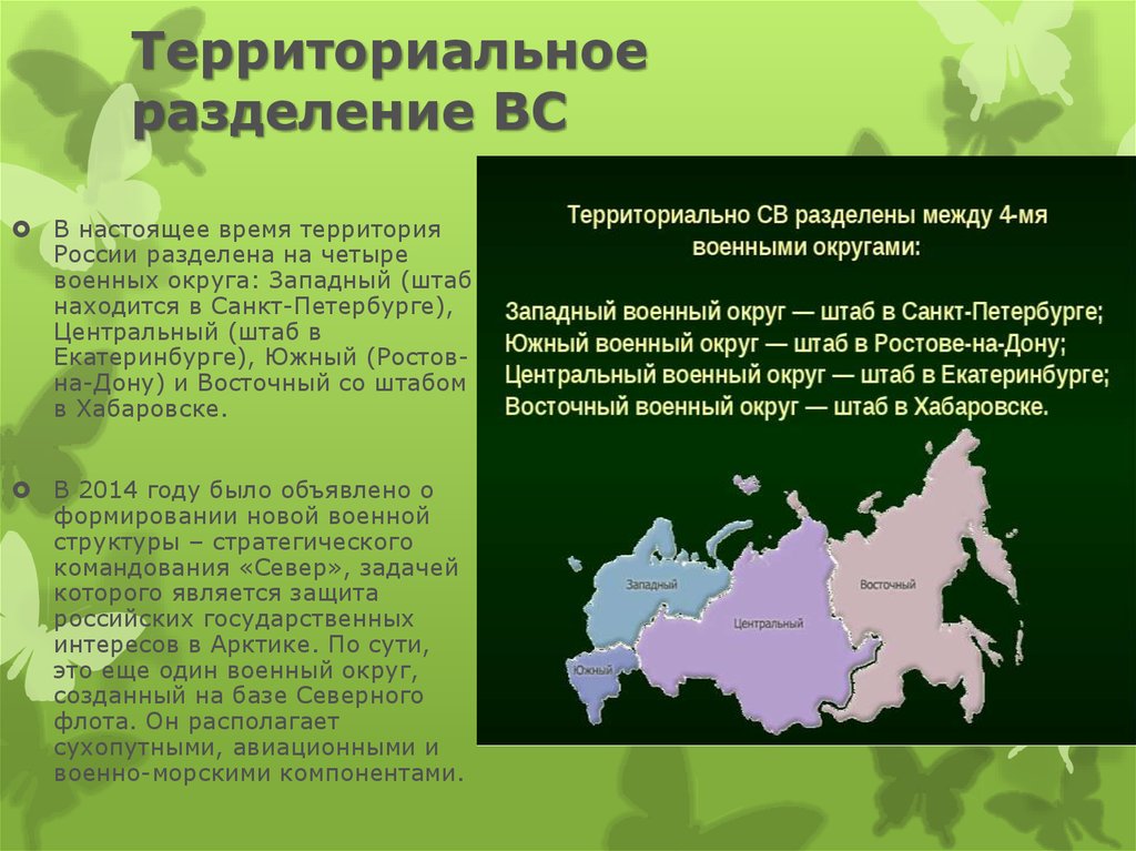 Национально территориальный принцип рф. Территориальное Разделение. Территория РФ разделена на 4 военных округа.