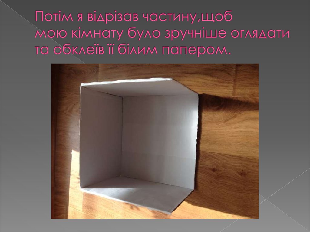 Потім я відрізав частину,щоб мою кімнату було зручніше оглядати та обклеїв її білим папером.