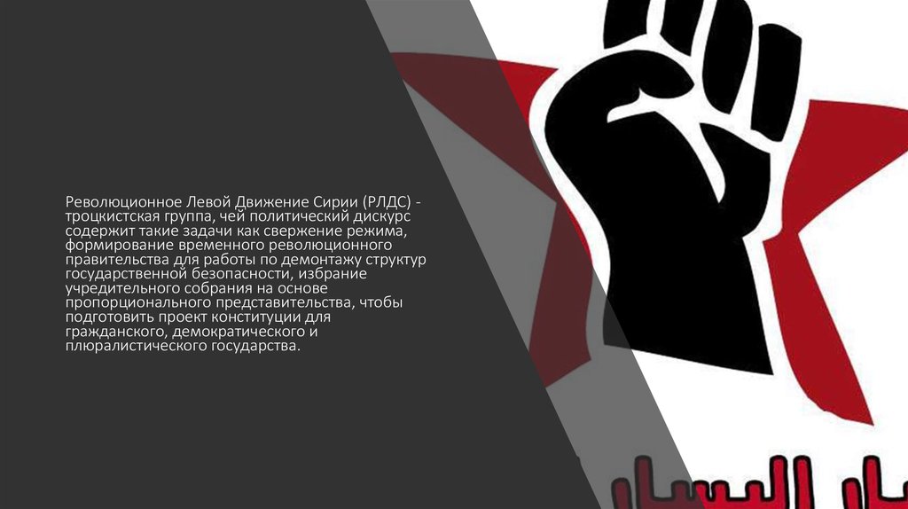 Революционное Левой Движение Сирии (РЛДС) - троцкистская группа, чей политический дискурс содержит такие задачи как свержение режима, форм