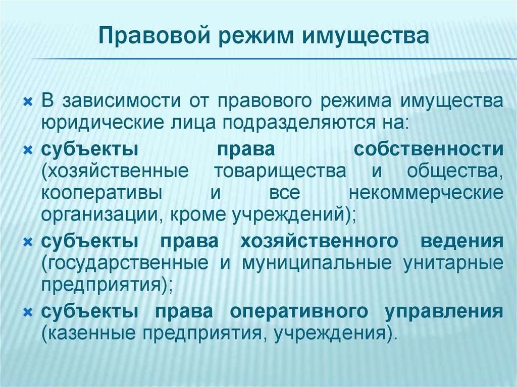 Зависимость от собственности. Правовой режим имущества. Правовой режим имущества в предпринимательской деятельности. Особенности правового режима. Правовой режим имущества юридических лиц.