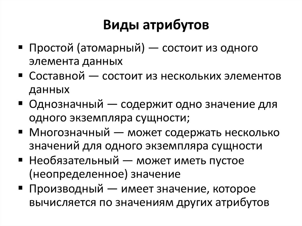 Типы атрибутов. Виды атрибутов. Виды атрибутов сущности. • Атрибуты и их виды. Атрибут пример.