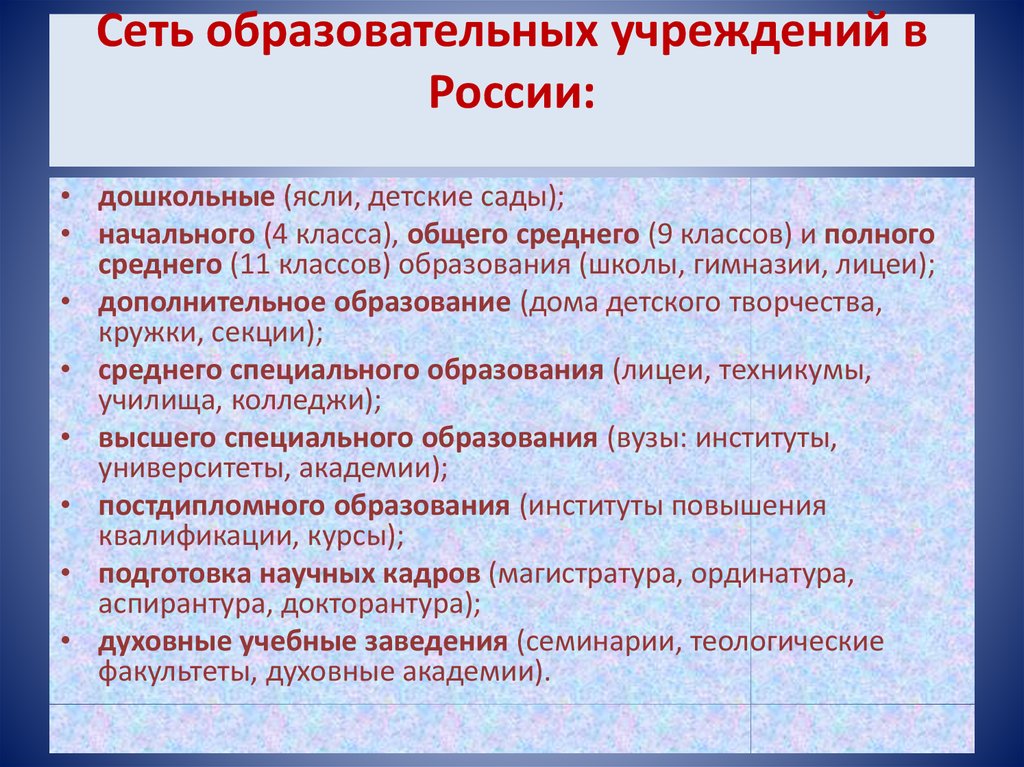 Образовательная система это. Образовательные учреждения в России. Система образования в России сеть образовательных учреждений. Виды образовательных учреждений в России. Сеть образовательных учреждений РФ.