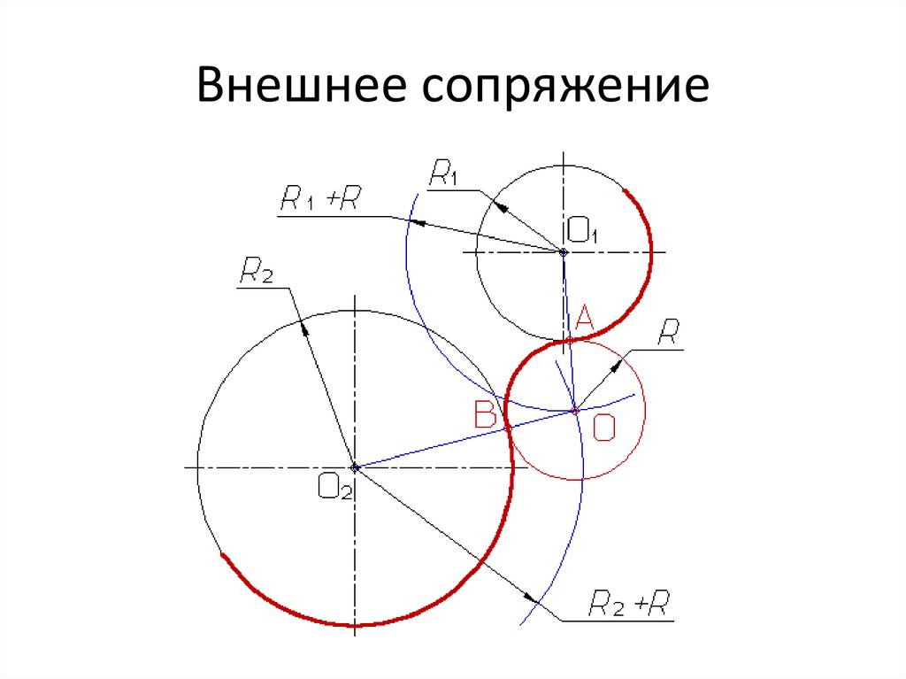 Внешние окружности. Наружное сопряжение двух окружностей. Выполнить внешнее сопряжение двух окружностей. Сопряжения: внутренние, внешние, смешанные. Внешнее сопряжение окружностей черчение.