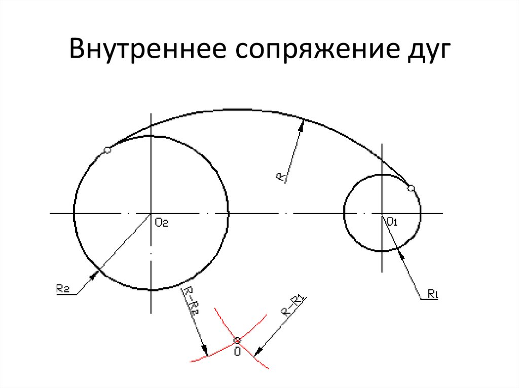 Соединить две окружности. Внутреннее сопряжение дуг. Внутреннее сопряжение дуг окружностей. Внутреннее сопряжение двух дуг. Сопряжение двух дуг внешнее.