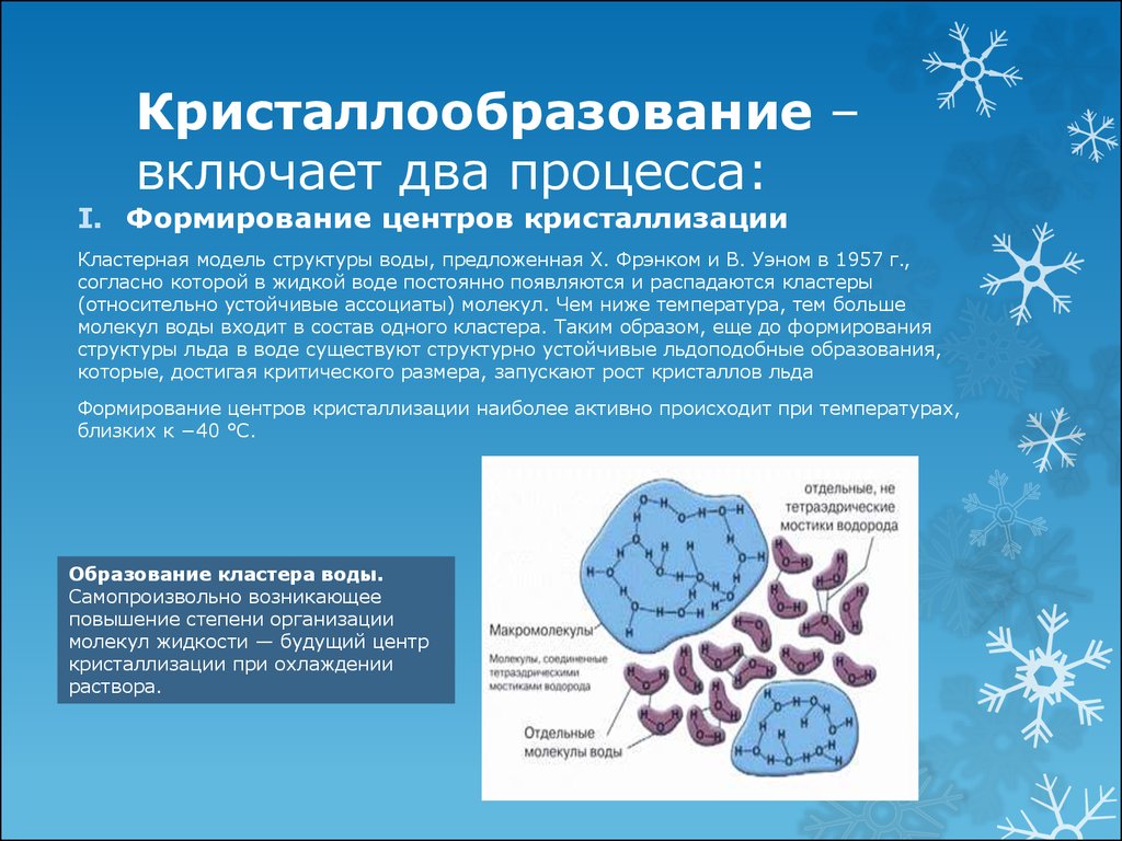 Процесс кристаллизации льда. Процессы кристаллообразования. Образование центров кристаллизации. Формирование центров кристаллизации.