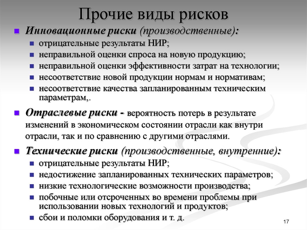 Виды рисков инновационных проектов