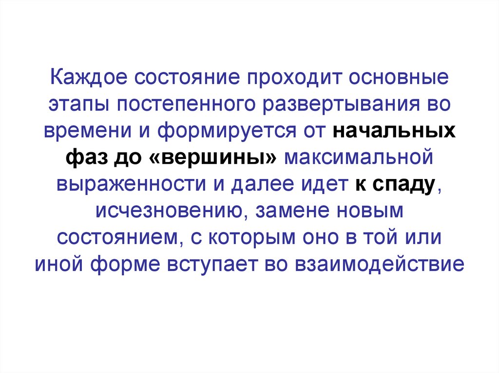 Проходящие состояния. Фаза вершины. Процесс постепенного развертывания мышления. Состояние пройденного этапа. Жизнь возникла из одного источника путем постепенного развертывания.