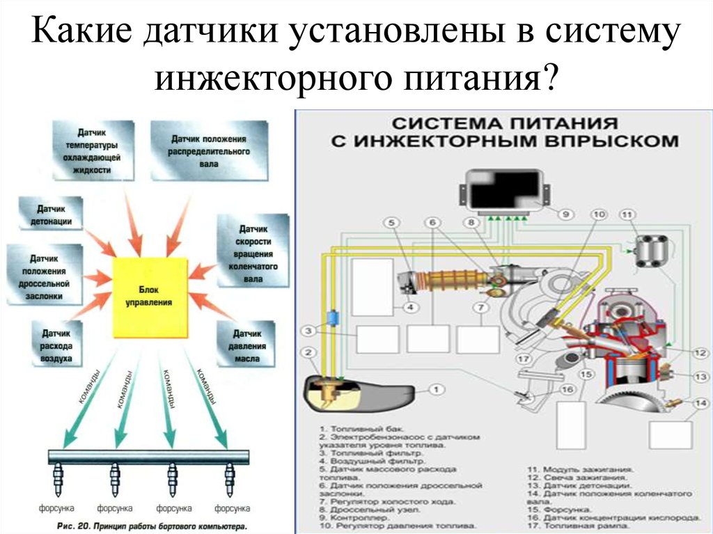 Какие датчики находятся. Схема системы управления инжекторного ДВС. Разновидности датчиков системы управления ДВС. Датчики системы питания инжекторного двигателя. Схема устройства системы питания инжекторного двигателя.