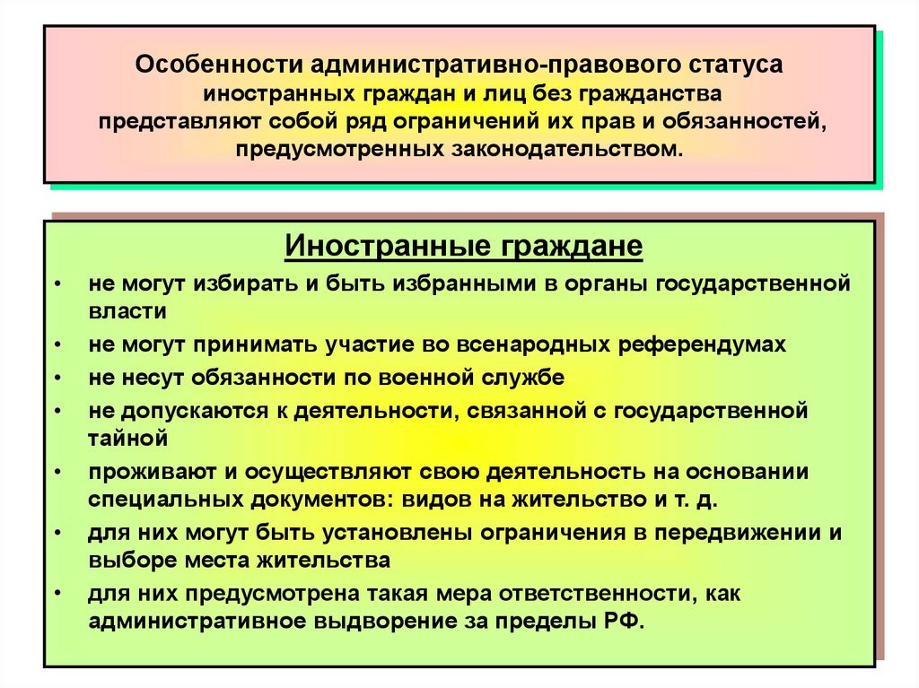 Статусы иностранного гражданина и лиц без гражданства. Административно-правовой статус иностранных граждан и граждан РФ. Правовой статус иностранных граждан и апатридов в РФ. Правовой статус гражданина РФ И иностранного гражданина. Административно-правовой статус иностранных граждан в РФ.