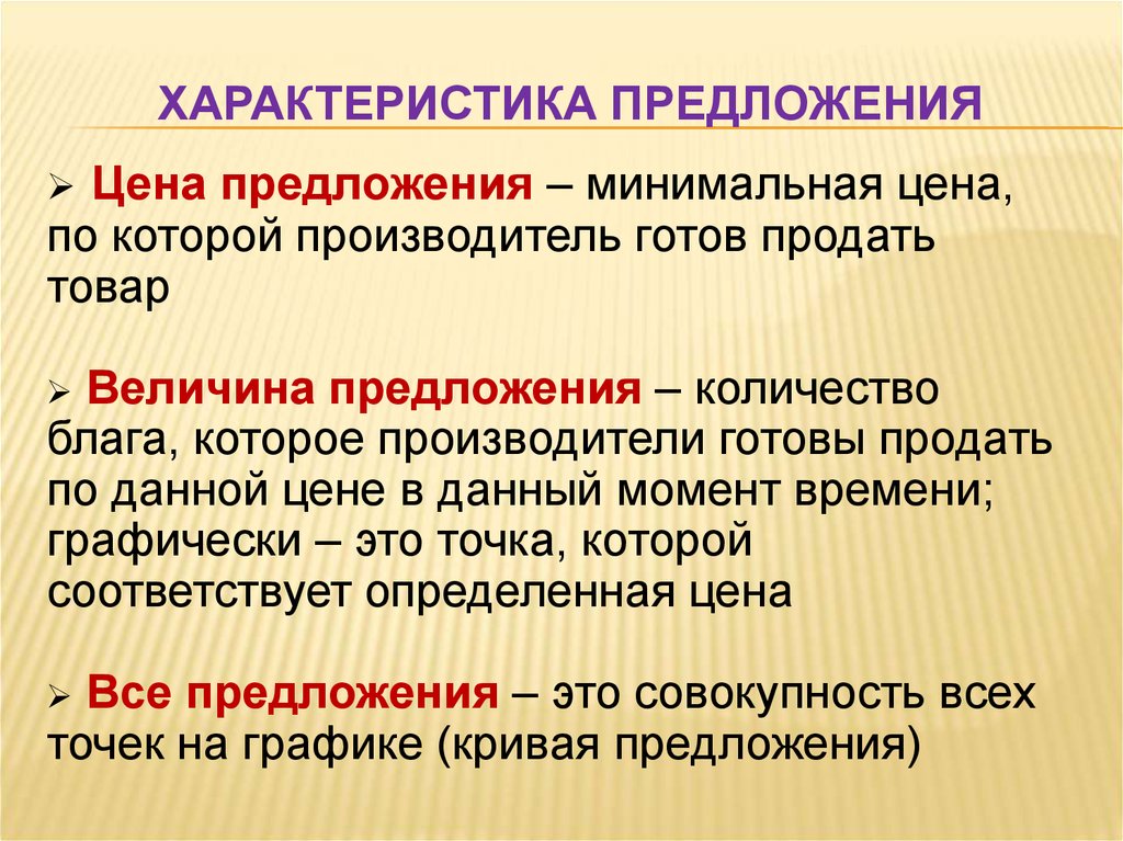 Предложение стоимости. Характеристика предложения. Характеристик апредлодение. Характеристика предложер. Характеристика предложения на рынке.