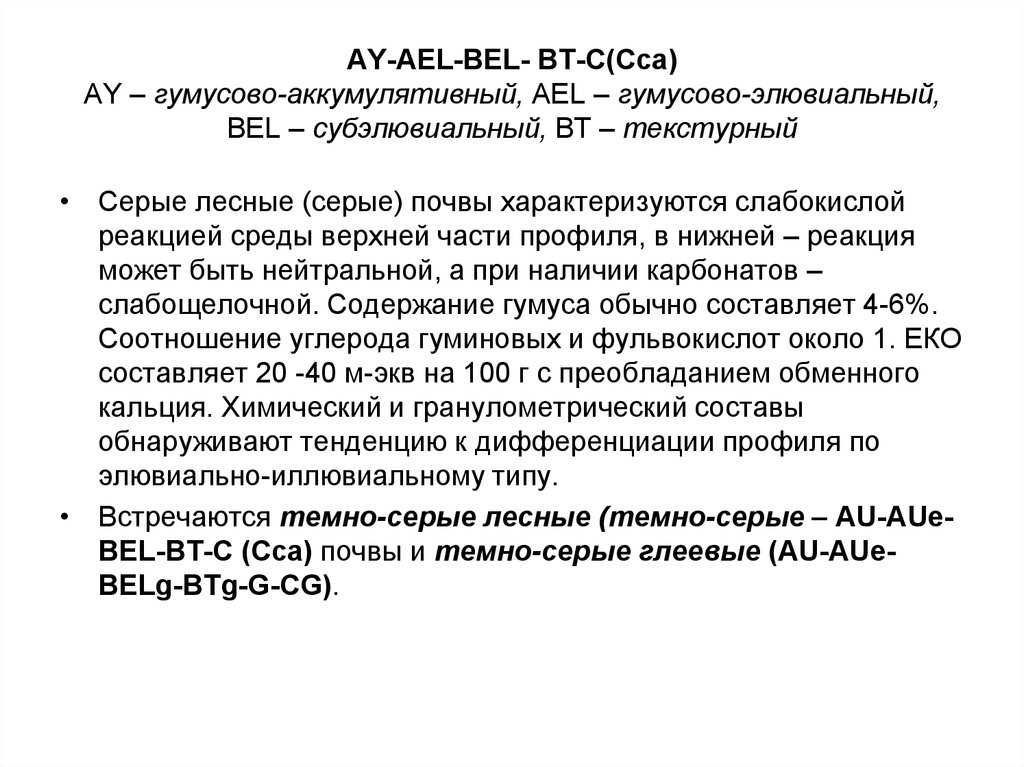 AY-AEL-BEL- BT-C(Cca) AY – гумусово-аккумулятивный, AEL – гумусово-элювиальный, BEL – субэлювиальный, BT – текстурный