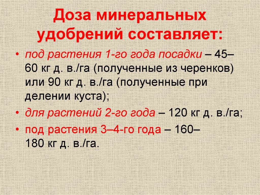 Доза минеральных удобрений составляет:
