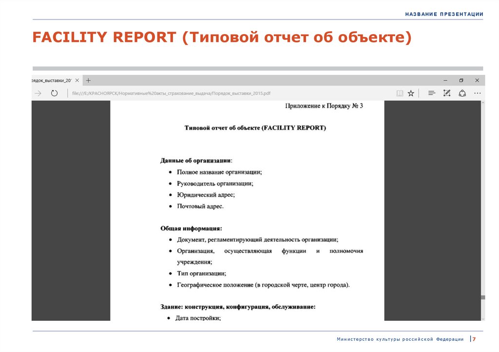 Типовой отчет об объекте facility report музей образец