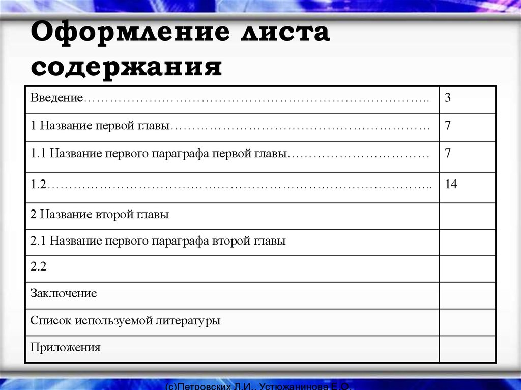 Имена глав. Лист содержания. Лист оглавления. Оформление листа содержания проекта. Название второй главы ВКР.