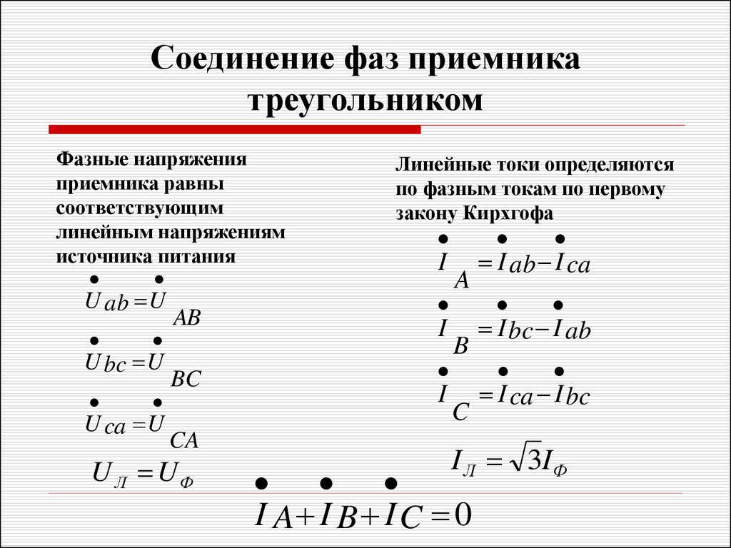 Соединение фаз источника. Соотношение фазного и линейного напряжения. Соединение фаз приемника треугольником. Соединение трехфазных приемников треугольником. Фазные и линейные напряжения и токи.