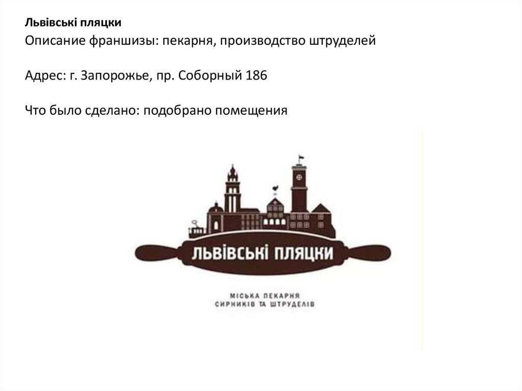 Описание франшизы: пекарня, производство штруделей Адрес: г. Запорожье, пр. Соборный 186 Что было сделано: подобрано помещения