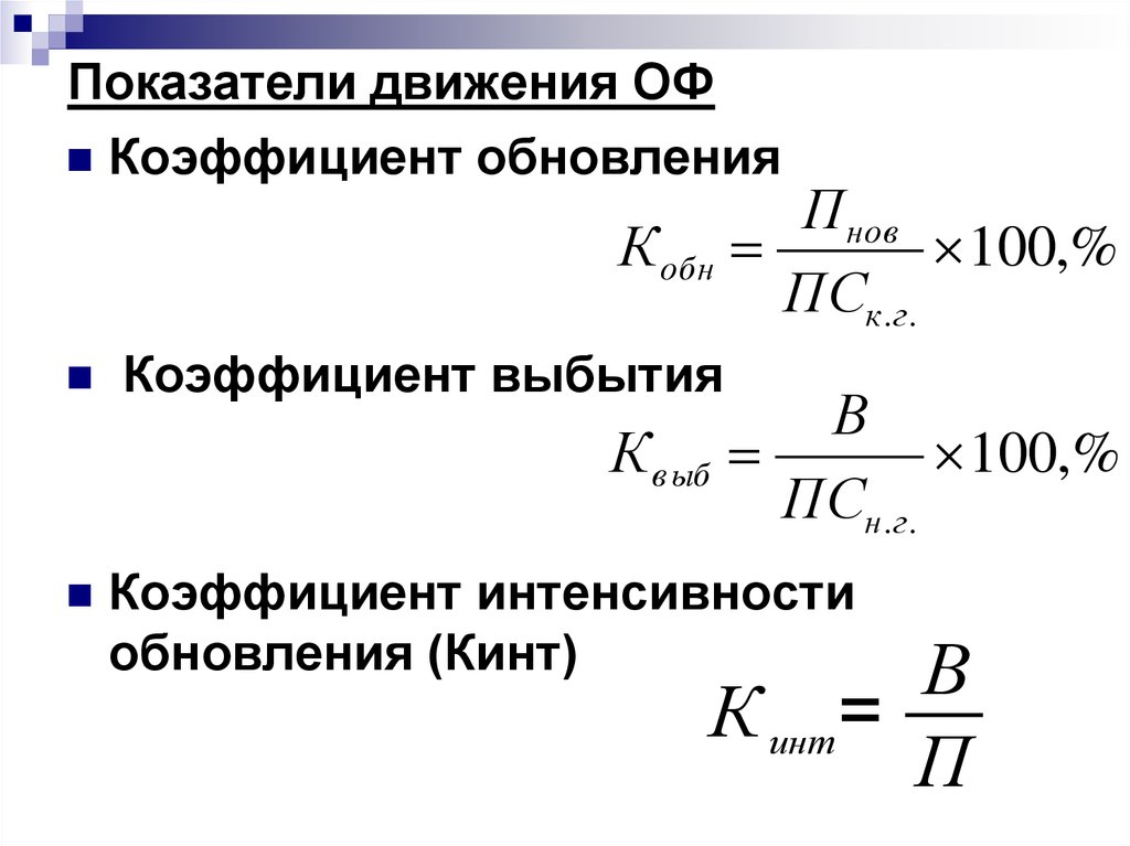 Коэффициент выбытия. Коэффициенты обновления и выбытия оф формула. Показатели движения оф. Коэффициент интенсивности обновления. Коэффициент интенсивности обновления основных средств.