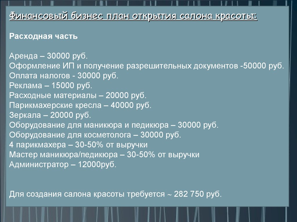 Бизнес план на открытие парикмахерской с расчетами