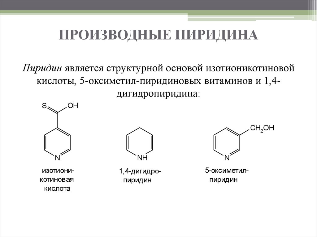 Дигидропиридины. Производные пиридина и дигидропиридина никотиновая кислота. Производные изоникотиновой кислоты. Метильные производные пиридина. Производные дигидропиридина.