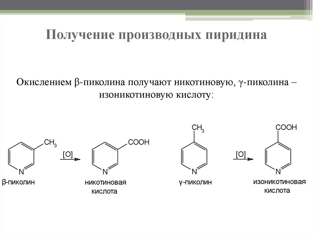 Получить б. Окисление Альфа пиколина. Изоникотиновая кислота структурная формула. Производные пиридина: α-, β-, γ-пиколины. Синтез никотиновой кислоты из пиридина.