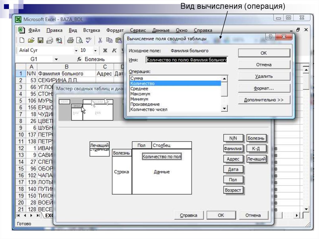 Операция адрес. Операция вычисления. Виды вычислений. Вычисление поля сводной таблицы. Основы работы с табличным процессором MS excel.