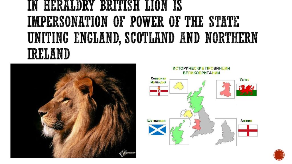 In heraldry British lion is impersonation of power of the state uniting England, Scotland and Northern Ireland