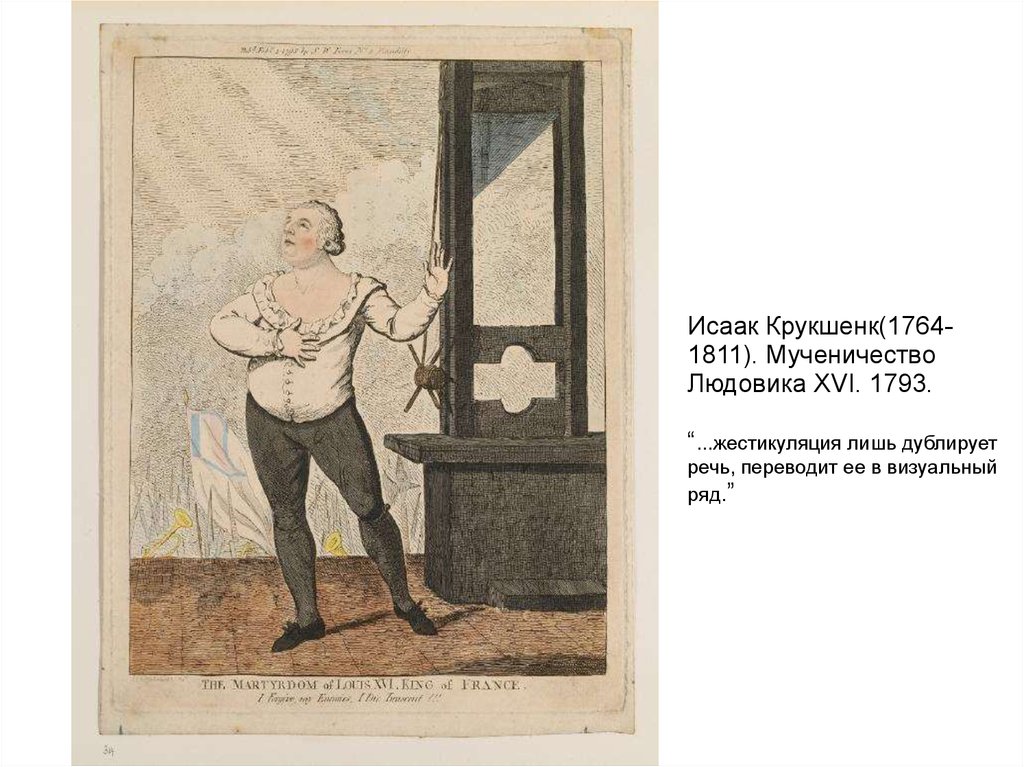 Исаак Крукшенк(1764-1811). Мученичество Людовика XVI. 1793. “...жестикуляция лишь дублирует речь, переводит ее в визуальный
