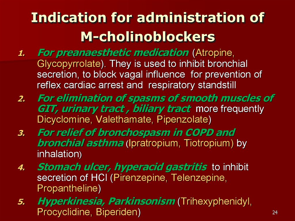 Indication for administration of М-cholinoblockers