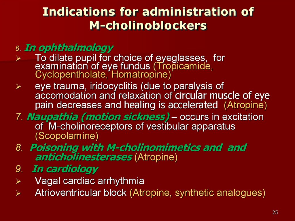 Indications for administration of М-cholinoblockers