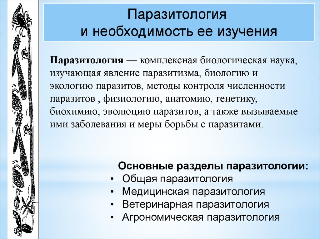 Паразитология. Экологическая паразитология. Разделы ветеринарной паразитологии. Основные задачи медицинской паразитологии.