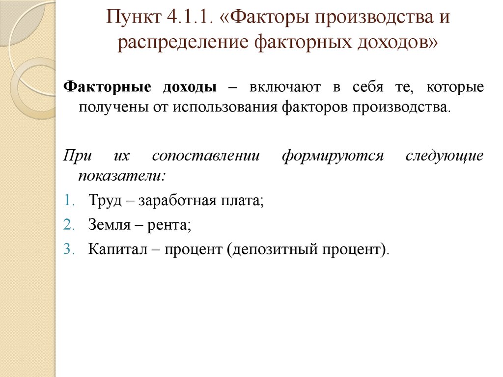 Сложный план факторы производства и факторные доходы