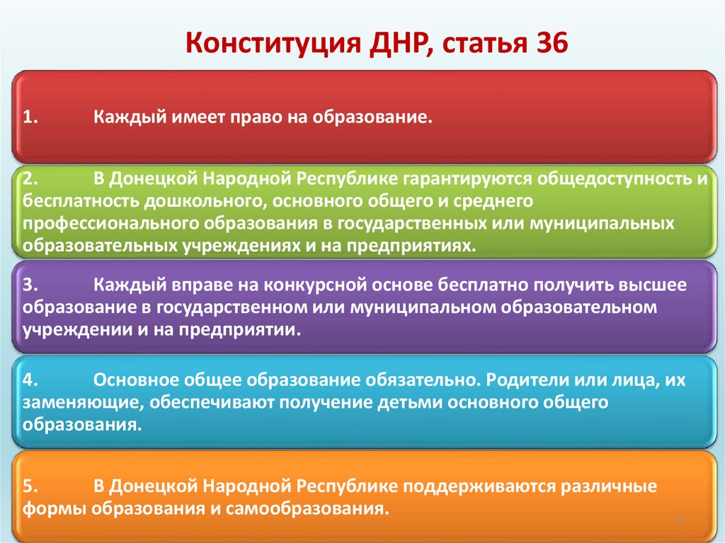 Образование донецкой народной республики. Структура Конституции ДНР. Конституционные права граждан ДНР. Закон об образовании. Характеристика Конституции ДНР.