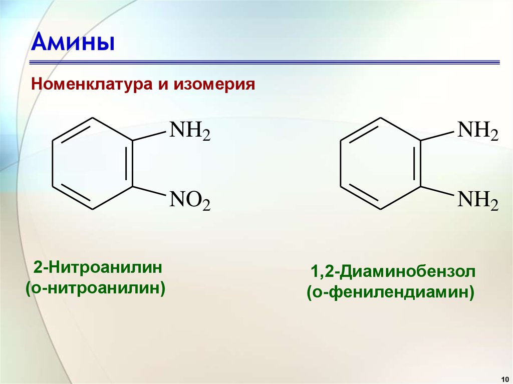 Изомерия аминов. 1 2 Диаминобензол. Фенилендиамин + br2. Орто-фенилендиамин. Орто нитроанилин.