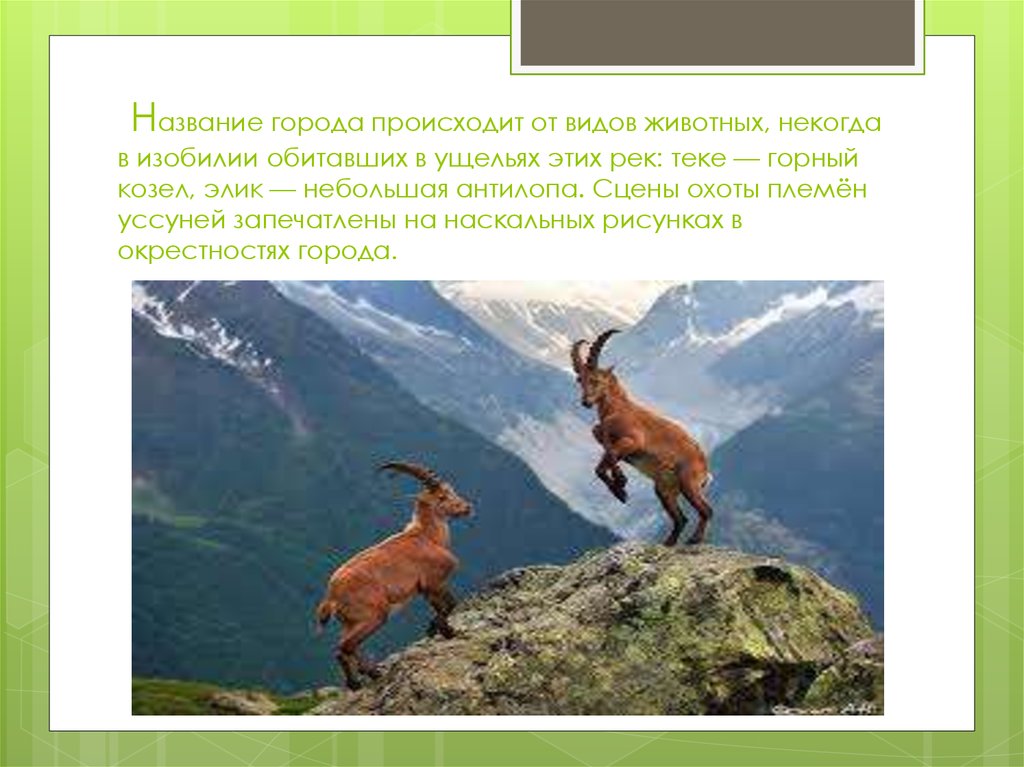 Название города происходит от видов животных, некогда в изобилии обитавших в ущельях этих рек: теке — горный козел, элик — небольшая антил