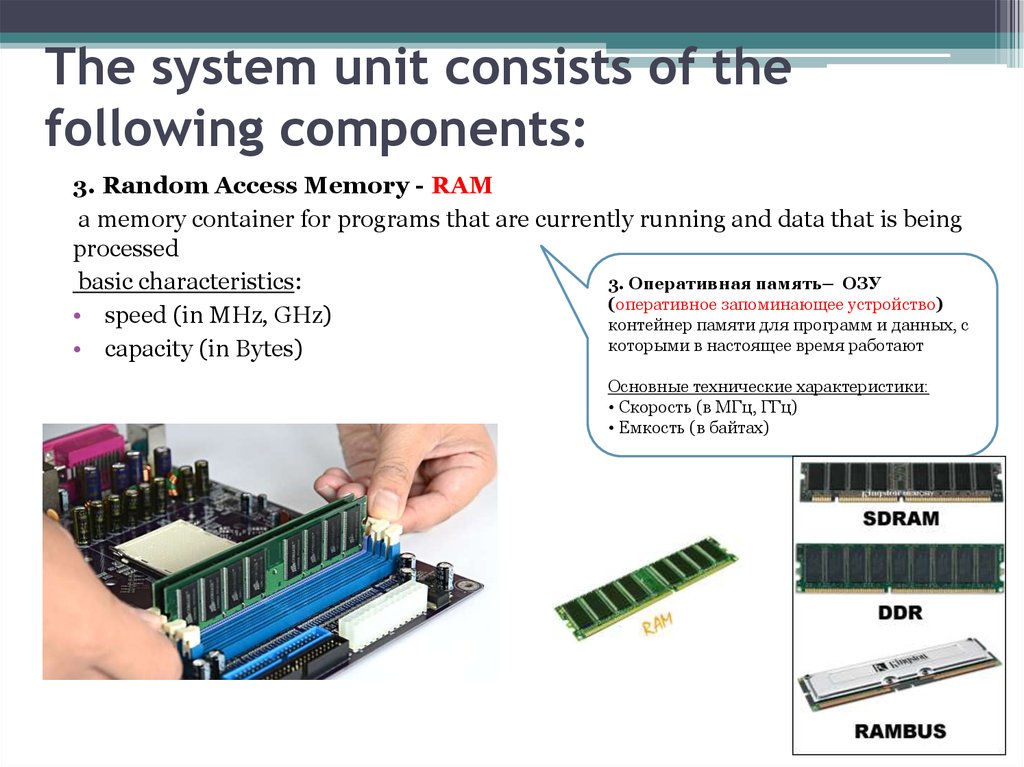 Unit components. Computer consists of. Ram Memory Unit. Hardware System consists of:. Computer components.