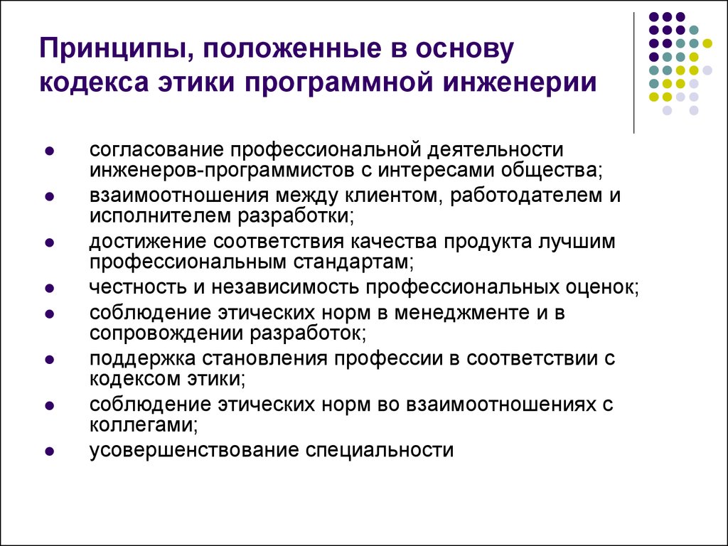 Какой принцип положен в основу. Этика программной инженерии. Профессиональная этика программиста. Принципы программной инженерии. Профессиональные ценности и этический кодекс инженера.