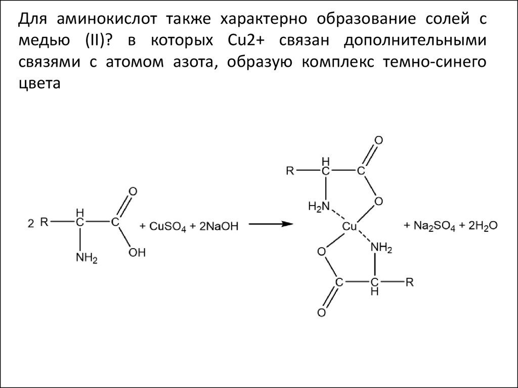 Медь подлинность. Образование комплексов с медью аминокислот. Реакция аминокислот с гидроксидом меди 2. Реакция аминокислот с солями меди. Аминокислоты с сульфатом меди в щелочной среде.