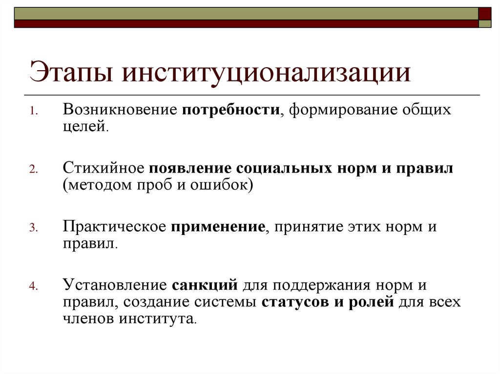 Этапы развития социальной. Этапы возникновения соц.института. Этапы институционализации. Стадии институционализации. Последовательность этапов институционализации.