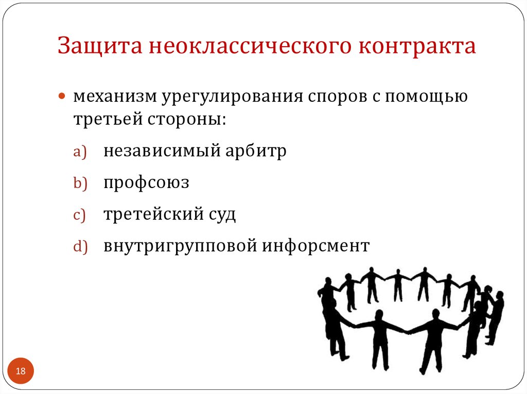 Независимое урегулирование. Стороны неоклассического контракта. Условия заключения неоклассического контракта:. Цел неоклассического контракта. Основные характеристики неоклассического контракта.